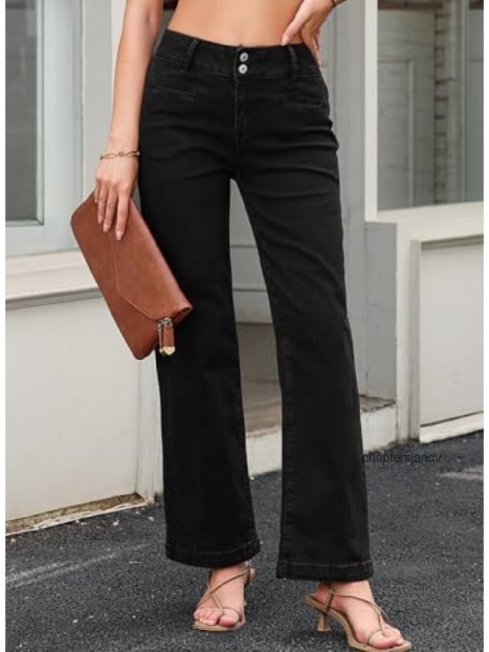 High Waisted Straight Leg Jeans with Dual Button Closure and Welt Pockets - Picture 2 of 6